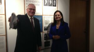 Daniel Hart, executive director of the Buffalo Philharmonic Orchestra, and Clotilde Clotilde Perez-Bode Dedecker, president and CEO of the Community Foundation for Greater Buffalo, at the new archives room at Kleinhans Music Hall.
